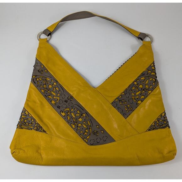 Free Endearment Handbags - Free Endearment Yellow Purse Leather V Cut Hobo Lazer Cut Satchel Tote Bag Top